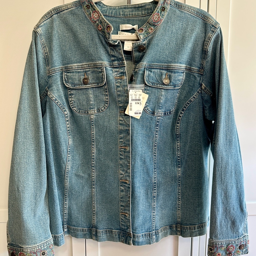 CJ Banks NWT stretch blue Denim Jacket 1X beaded embroidered detail